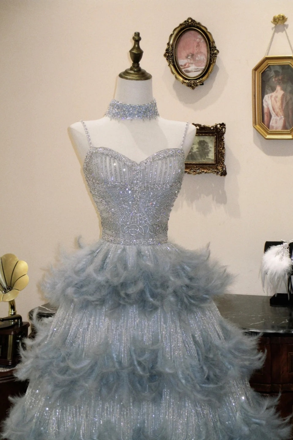 Light Blue Grey Sequin Feather Halter High Neck Ball Gown Evening Dress NV6551