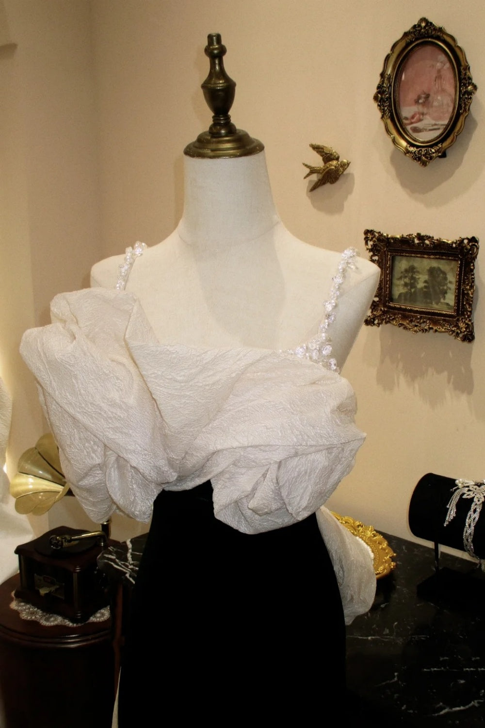 Velvet White Ruffle Asymmetrical Strap Maxi Evening Dress NV6550