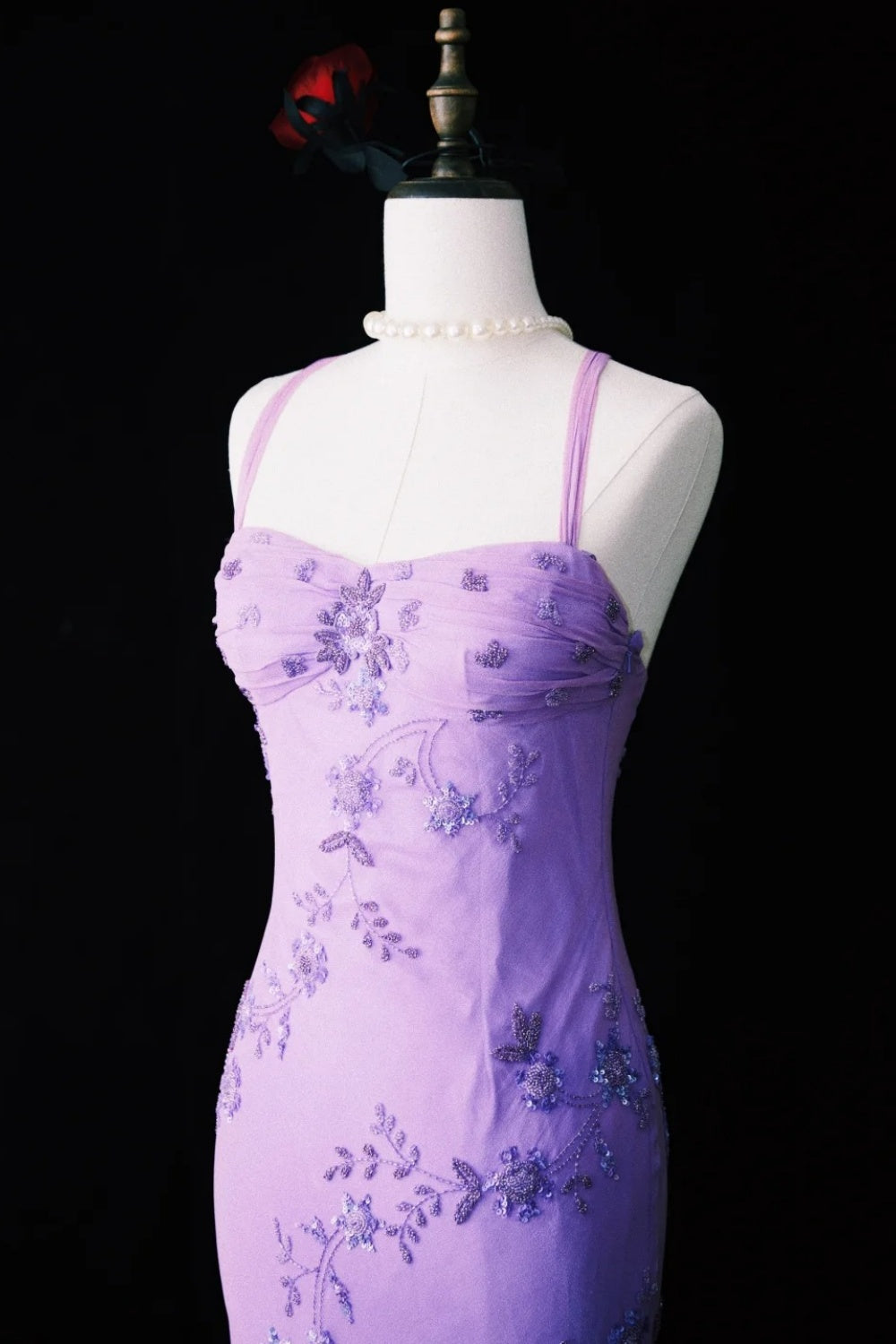 Vintage Purple Wisteria Flower Romantic Purple Exquisite Handmade Beaded Long Chiffon Dress NV6609