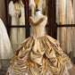Yellow princess pleated gold rose handmade beads noble and beautiful fairy tale pure beauty long satin ball gown evening gown wedding dress nv4440