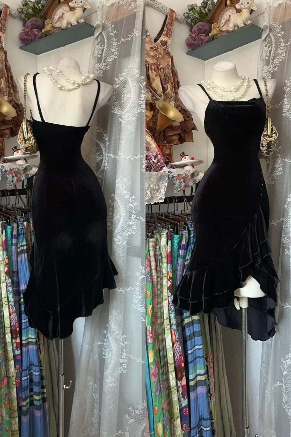Vintage Black Velvet Cami Mermaid Dress Ruffle Hem Bodycon Evening Mini Dress NV6831