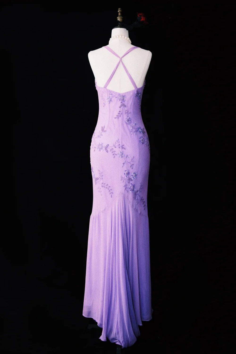Vintage Purple Wisteria Flower Romantic Purple Exquisite Handmade Beaded Long Chiffon Dress NV6609
