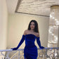 Off-the-shoulder Royal Blue Velvet Homecoming Dress Party Dress with Gloves nv2139