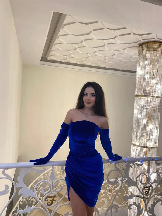 Off-the-shoulder Royal Blue Velvet Homecoming Dress Party Dress with Gloves nv2139