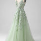Sage A-Line Long Corset Appliqued Prom Dress  nv1595
