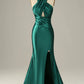 Dark Green Halter Lace Up Mermaid Prom Dress With Slit nv1649