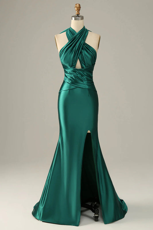 Dark Green Halter Lace Up Mermaid Prom Dress With Slit nv1649