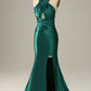 Dark Green Halter Lace Up Mermaid Prom Dress With Slit nv1649
