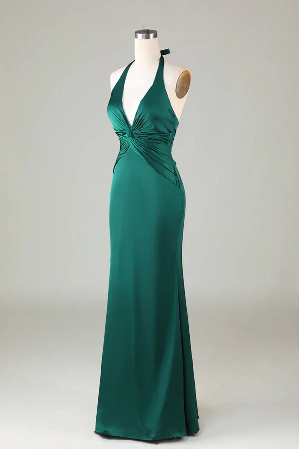 Green Sexy Backless Deep V Neck Mermaid Satin Long Bridesmaid Dresses Ball Gowns Evening Dresses nv1986