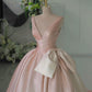 Pink V-neck simple fashion bow long satin ball gown evening dress nv3022