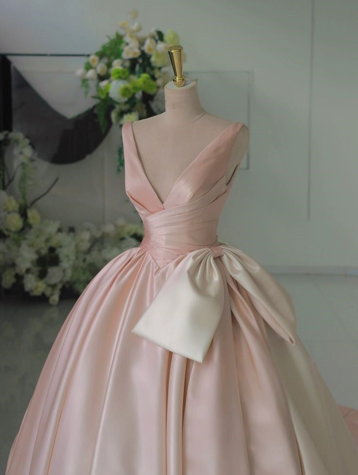 Pink V-neck simple fashion bow long satin ball gown evening dress nv3022