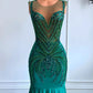 Emerald Green Sleeveless Mermaid Long Slim Fit Ball Gown Evening Dress Beaded Crystal nv2835