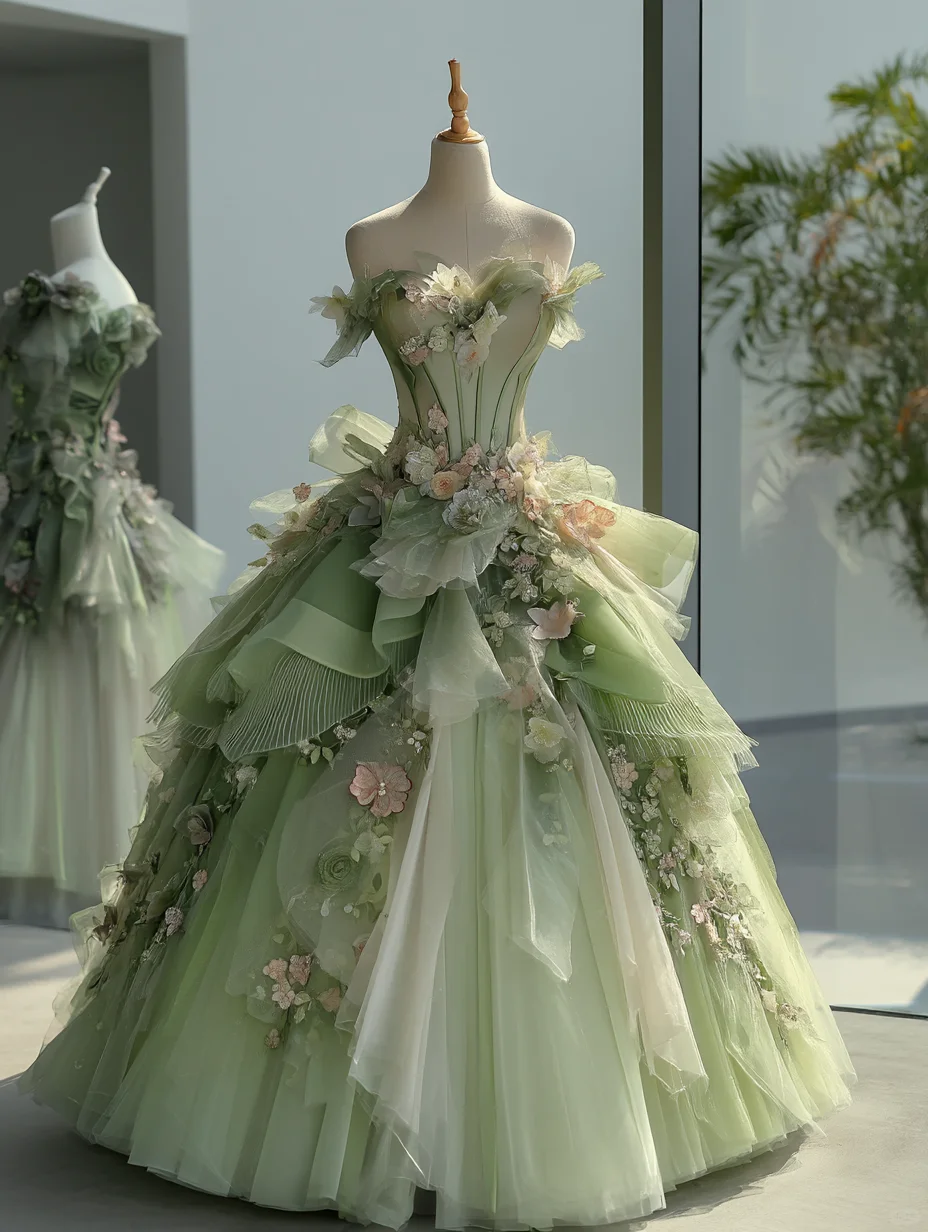 Strapless Off Shoulder Green Tulle Fairy Gown, 3D Flower Decor, Boned Bodice, Layer Ruffle Ball Gown  NV7464