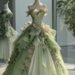 Strapless Off Shoulder Green Tulle Fairy Gown, 3D Flower Decor, Boned Bodice, Layer Ruffle Ball Gown  NV7464