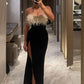 Black fashion chic stitching feather slim sexy women's long evening dress party high slit dress nv2934