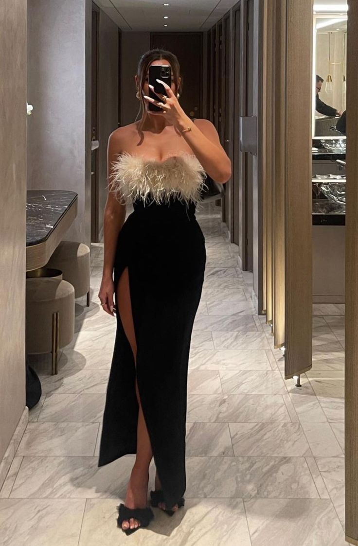 Black fashion chic stitching feather slim sexy women's long evening dress party high slit dress nv2934