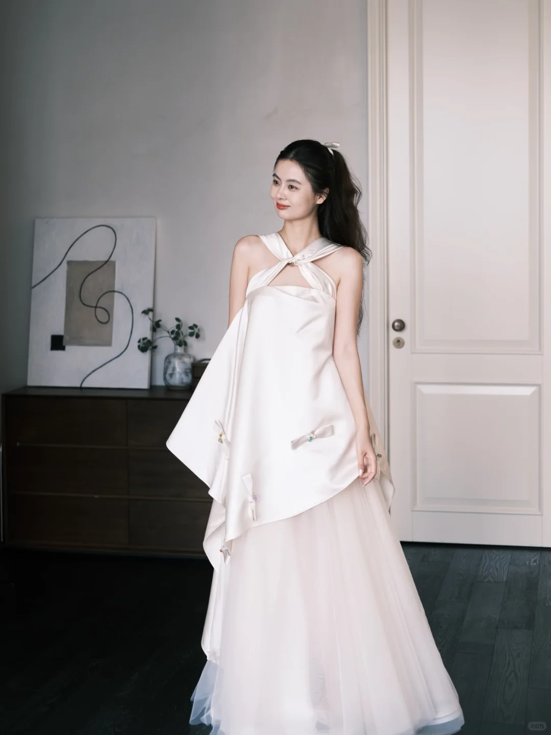 Halter Cutout Satin Tulle Wedding Dress with Beaded Bow Details  NV7385
