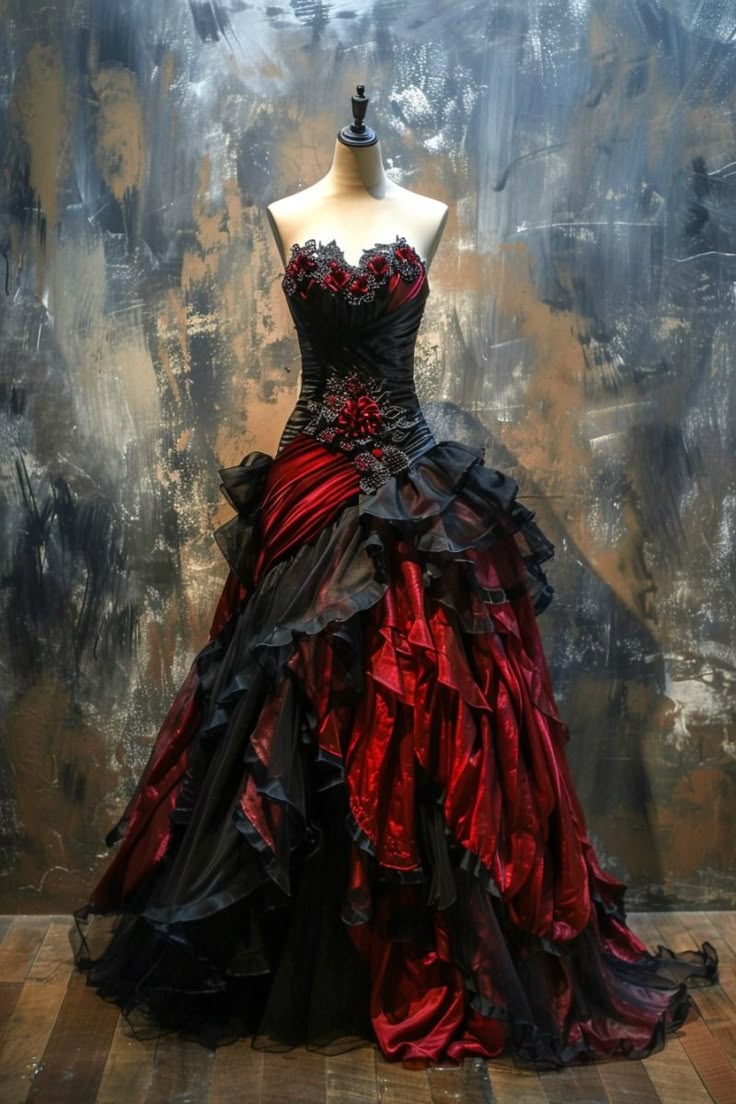 Schwarzes und rotes Satin-Abendkleid mit Schleppe | 3D-Blumenmuster im Gothic-Stil, ideal für Mottopartys und Partys (NV6320)