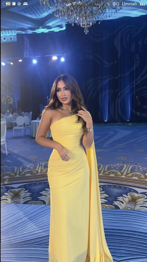 Yellow one shoulder tulle long ball gown formal seaside pool party dress evening gown nv1843