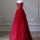NiceVestidos--Red Spaghetti - Strap Beaded Tulle Gown, Romantic Layered Train Banquet Dress NV5758