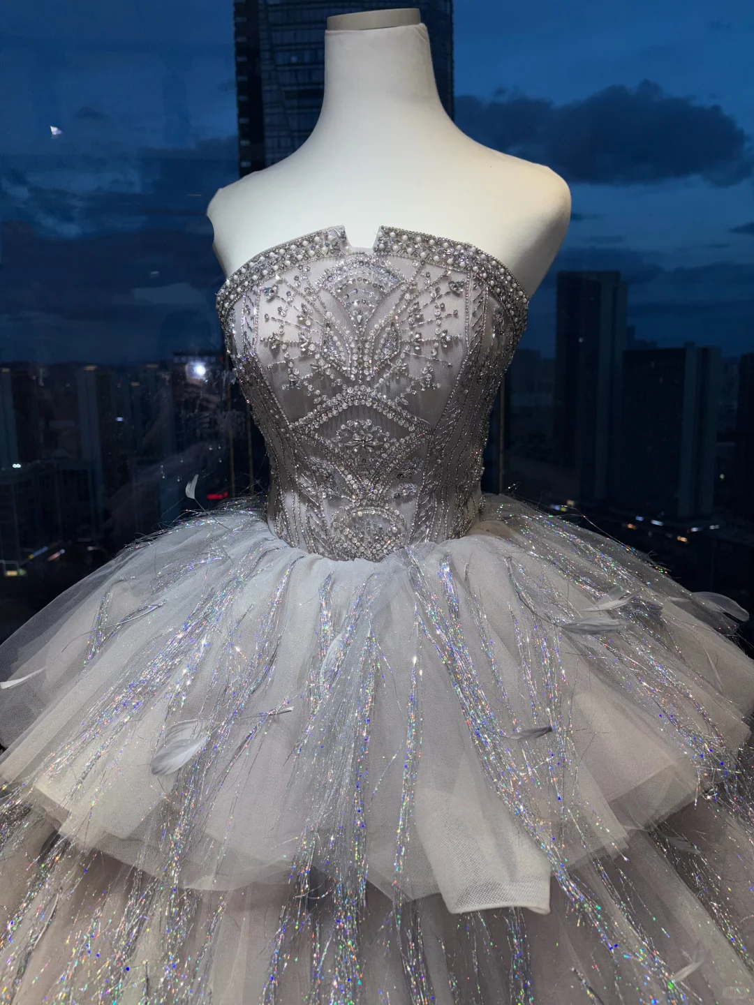 Silver Gray Strapless Princess Ball Gown Heavy Rhinestone Beading Tiered Glitter Tulle Feather Long Evening Gown  NV7005