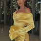 Yellow off-the-shoulder satin short mini prom dress evening gown party dress nv2313