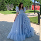 Blue sweet elegant tulle long short sleeve ball gown evening dress nv2922