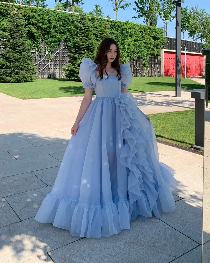 Blue sweet elegant tulle long short sleeve ball gown evening dress nv2922