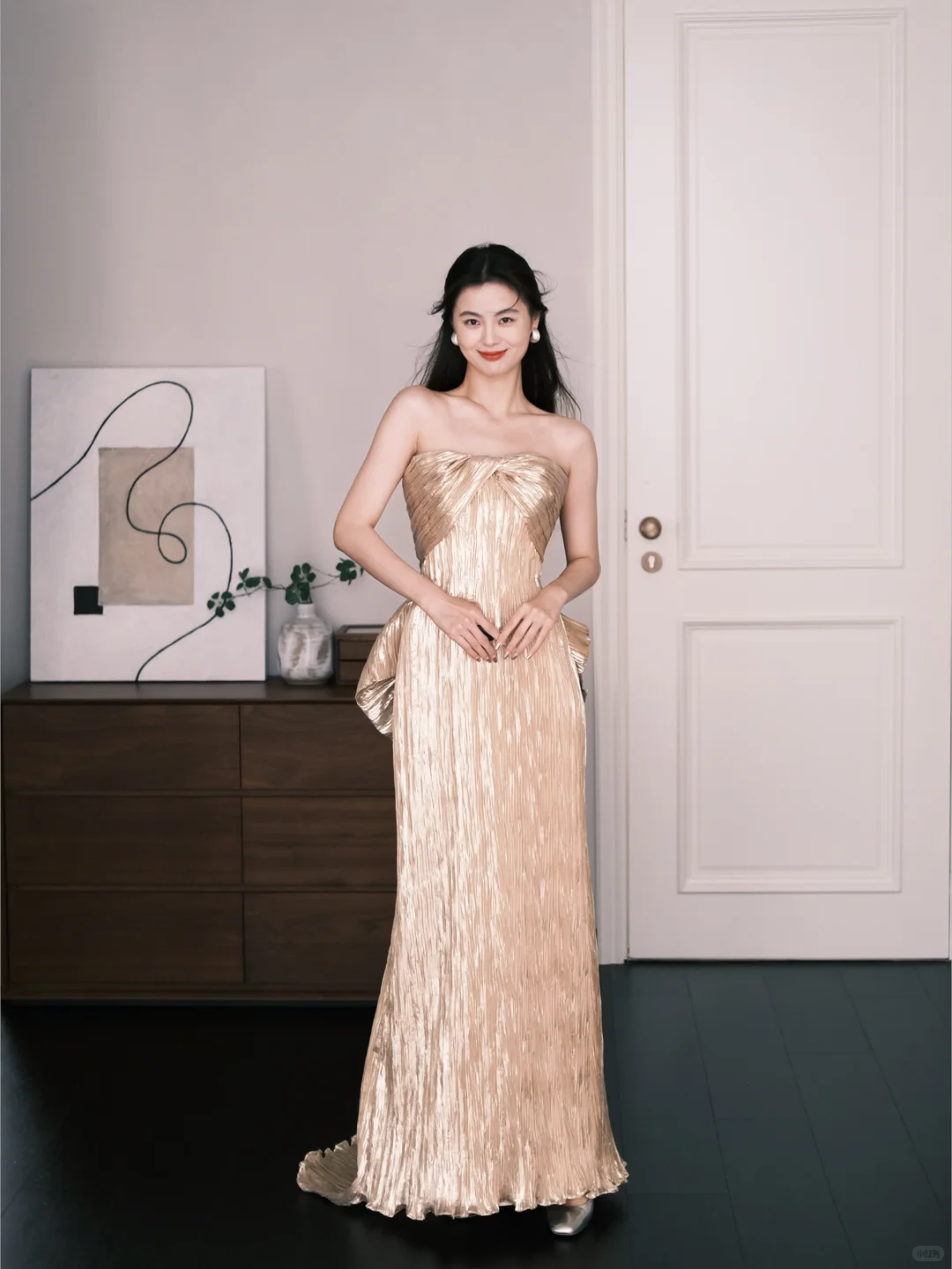 Champagne Gold Strapless Metallic Prom Dress Big Bow Evening Gown  NV7221