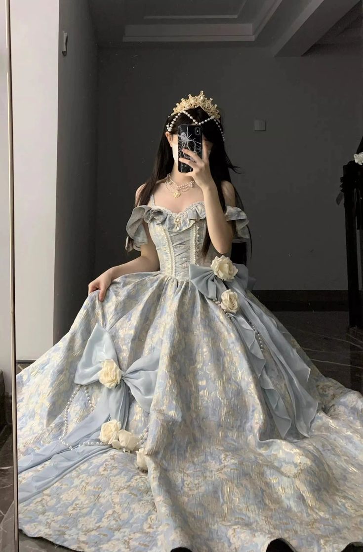 Blue 3D Rose Flower Adult Ceremony Dress Long Ball Gown Evening Gown nv2840