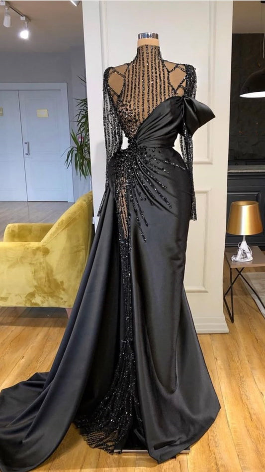 Black gorgeous luxury beaded long sleeve autumn fashion satin ball gown evening dress nv2641