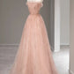 Pink Gorgeous Exquisite Lace Neckline A-Line Sequined Long Tulle Elegant Floor-Length Ball Gown Evening Dress nv3814