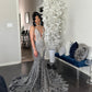 Silver Gray Luxury Fashion V-neck Sequined Long Mermaid Fishtail Skirt Ball Gown Evening Dress nv2845