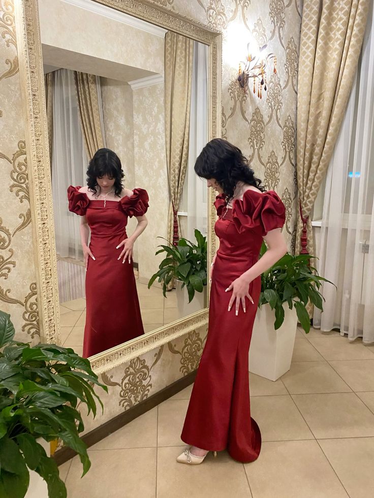 Red puff sleeves elegant long ball gown evening dress nv2796