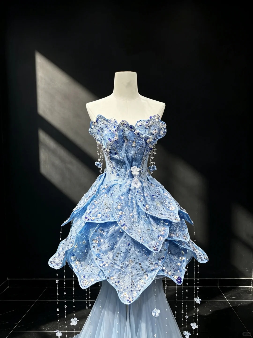 Light Blue Strapless 3D Petal Mermaid Evening Gown Sequin Rhinestone Beaded Tassel 2-in-1 Tulle Long Train Prom Dress  NV6998