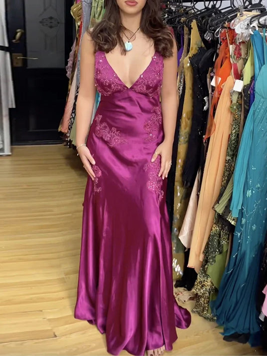 Purple V-neck embroidered backless fashionable long ball gown evening dress nv2982