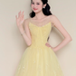 Off Shoulder Pale Yellow Pearl Floral Tulle Evening Ball Gown  NV7430