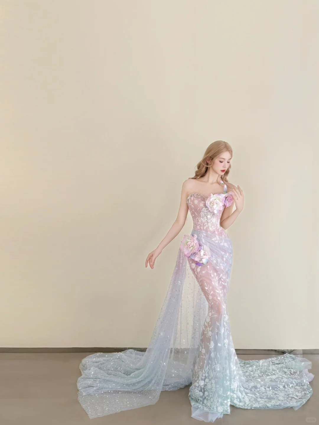 Ombre Pink Blue Strapless Sheer Mermaid Prom Dress 3D Floral Sparkle Tulle Train  NV7144