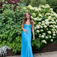 Blue Sexy Elegant Strapless Off-the-shoulder V-neck Long Prom Dress Evening Dress Party Dress with Ribbon nv2469