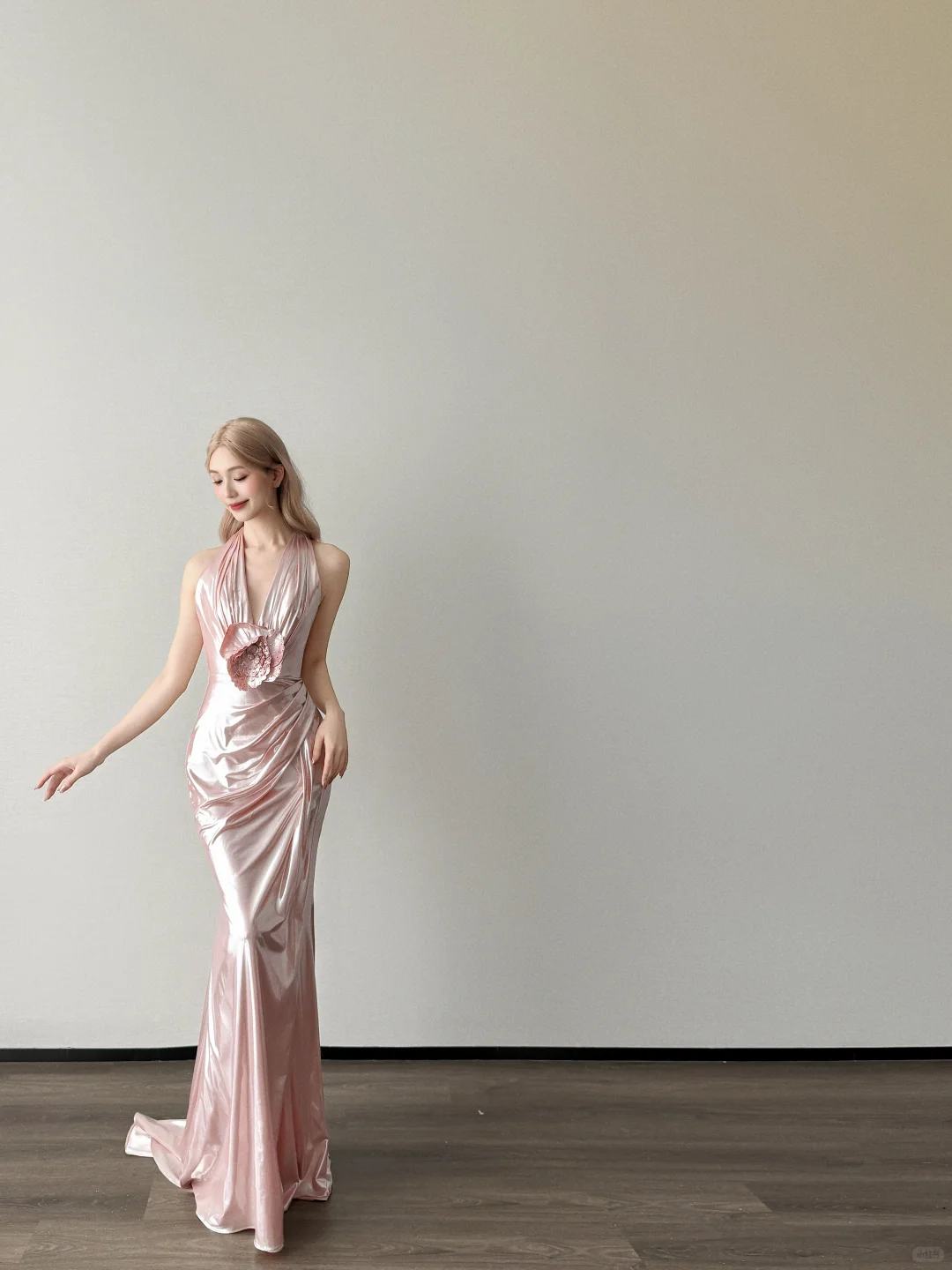 Halter Deep V Mermaid Prom Dress Rose Pink Liquid Satin Gown  NV7123