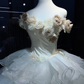 White Off Shoulder Princess Evening Gown 3D Flowers Tiered Ruffle Shimmer Organza Long Prom Dress  NV7016