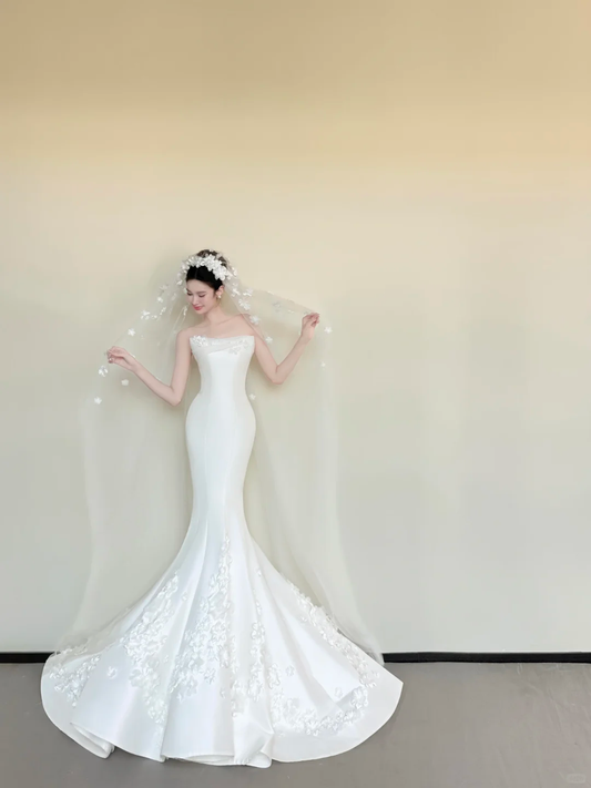 Strapless White Satin Mermaid Wedding Gown, 3D Floral Applique Bridal Dress  NV7432