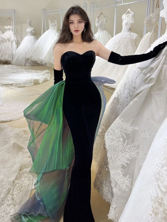 Black Sexy Elegant Off Shoulder Mermaid Long Velvet Ball Gown with Sleeves Evening Dress Party Dress nv2326