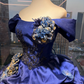 Royal Blue Off Shoulder Princess Ball Gown Puff Sleeve Beaded Embroidery 3D Flower Ruffled Satin Tulle Long Evening Gown  NV6999