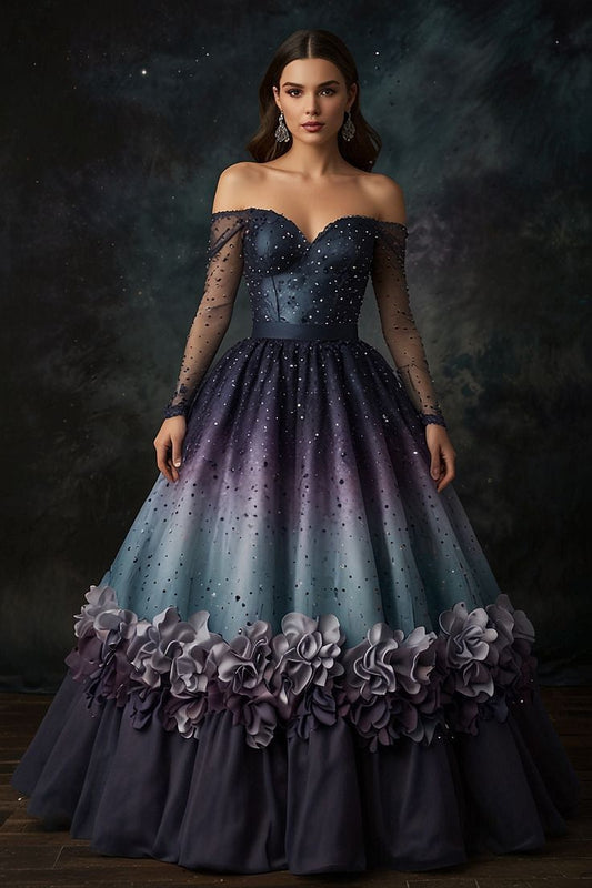 NiceVestidos-A Long, Floor-Length Ball Gown Featuring A Gorgeous, Shimmering Blue-Purple Gradient And Exquisite Beading. NV6110