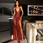 Burgundy shiny sequins V-neck long elegant sexy backless sleeveless front slit ball gown evening dress party dress nv59