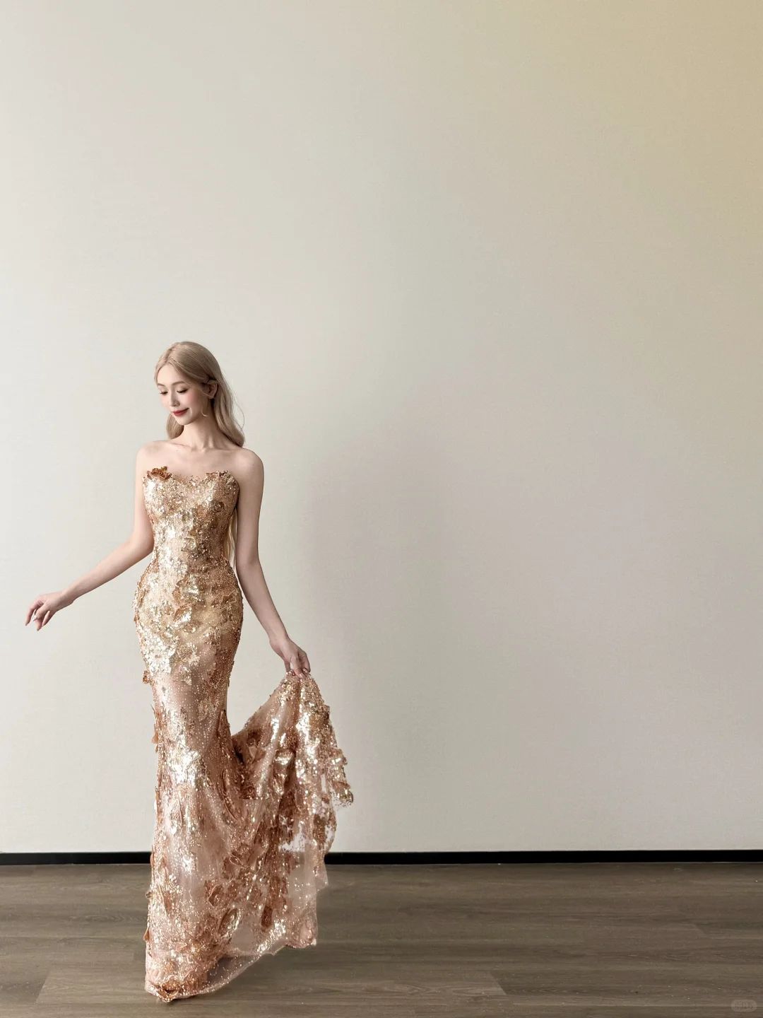 Strapless Champagne Gold Mermaid Prom Dress 3D Floral Sequin Gown  NV7120