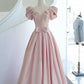 Pink Satin Long Bow Short Sleeves Ball Gown Evening Dress Wedding Party Dress nv2738