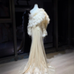 Champagne Square Neck Mermaid Evening Dress, Ruched Shiny Gown with Feather Shawl & Rhinestone Chain  NV7086