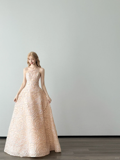 Strapless Nude Pink Ball Gown Prom Dress, Rose Beaded Embroidery Evening Gown  NV7112